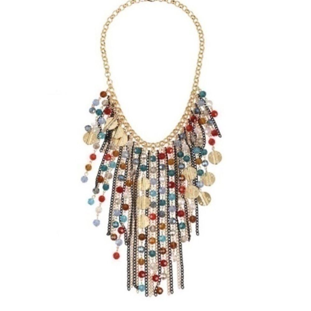 Stylish Multi Layered Faux Gemstone Decorated Tassel Statement Necklace
